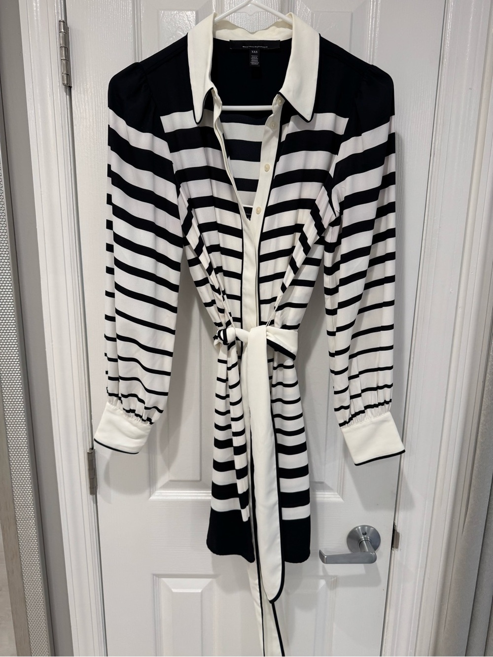White House Black Market Black & White Striped Belted Shirt Jacket Dress